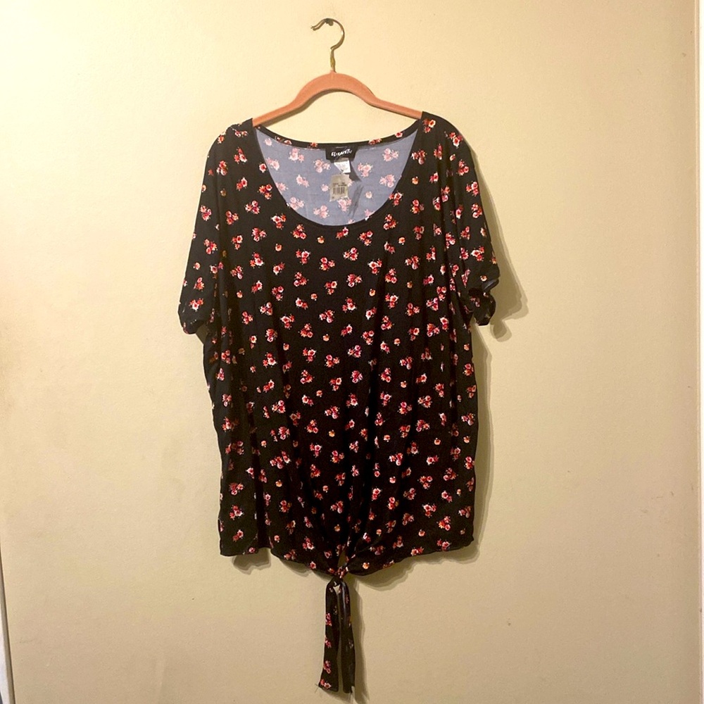 Plus Size Elizabeth Black Floral Print Scoop Neck Tunic Shirt Tie Up Front 3xl